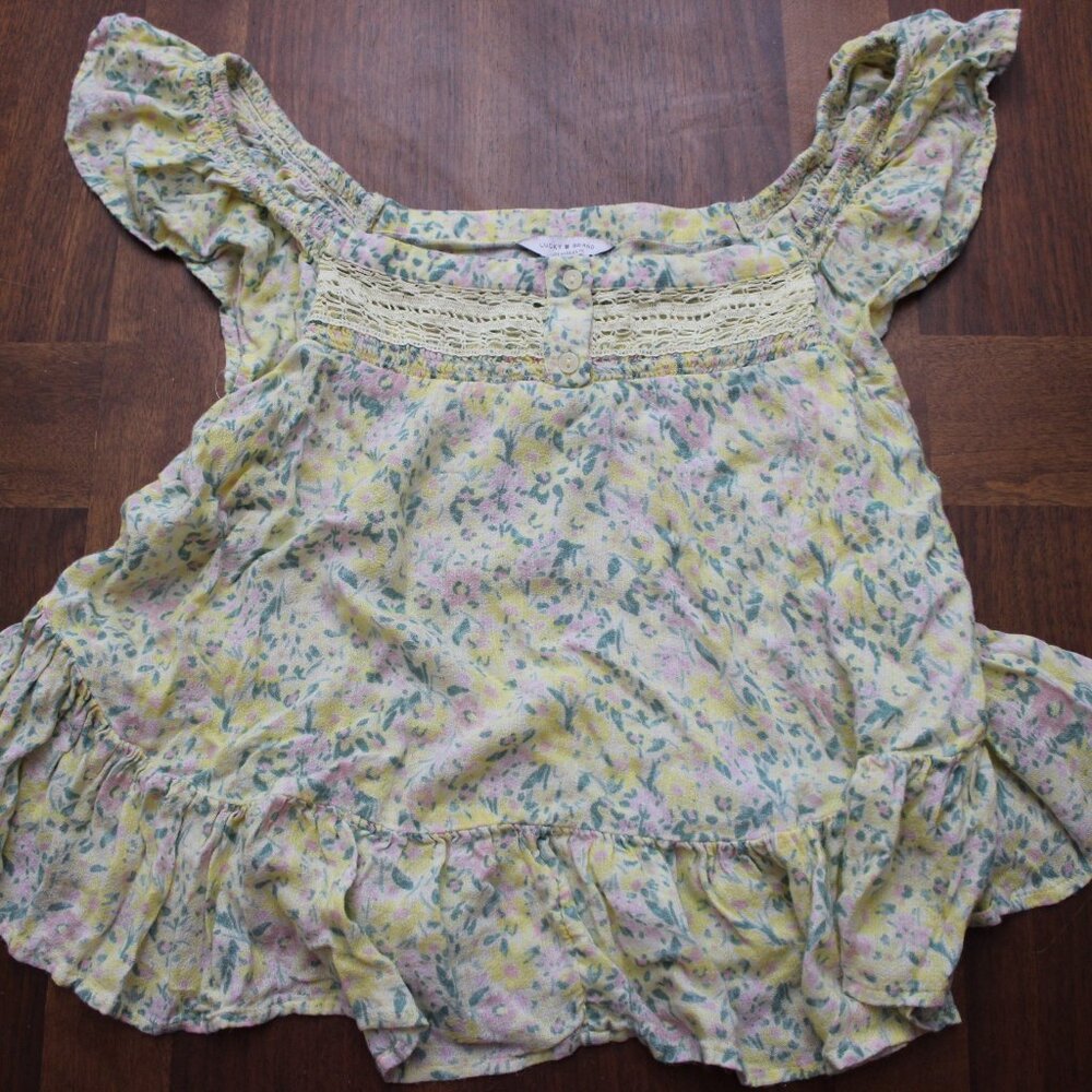 Lucky Brand Yellow Floral Elastic Off Shoulder Sleeves Henley Size Medium NWOT